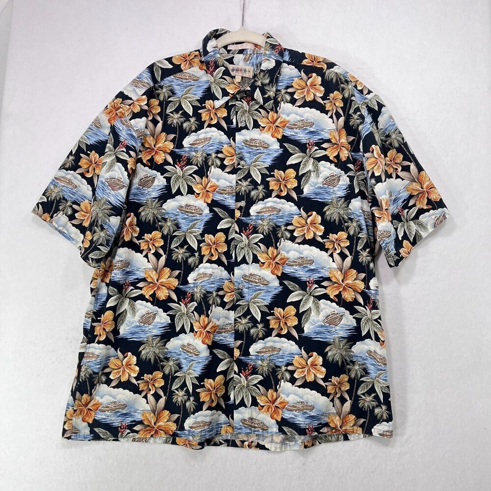 Vintage Campia Moda Shirt Men XXL Black Hawaiian Boat Ocean Cotton Aloha Floral